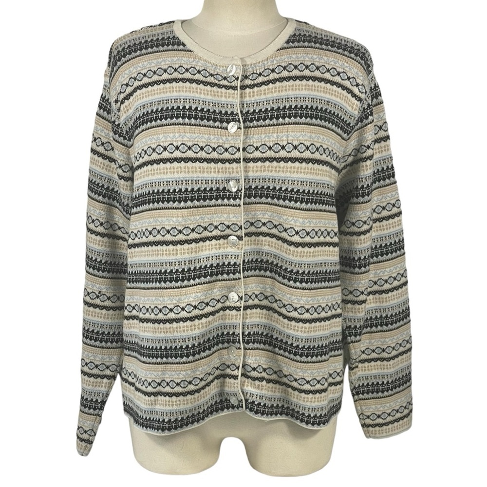 Vintage Talbots 100% Cotton Fair Isle Striped Cardigan Sweater Sz XL - Picture 1 of 10